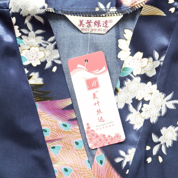 MEI YESIDA Navy Blue Silk Satin Kimono Style Robe - Picture 2 of 3